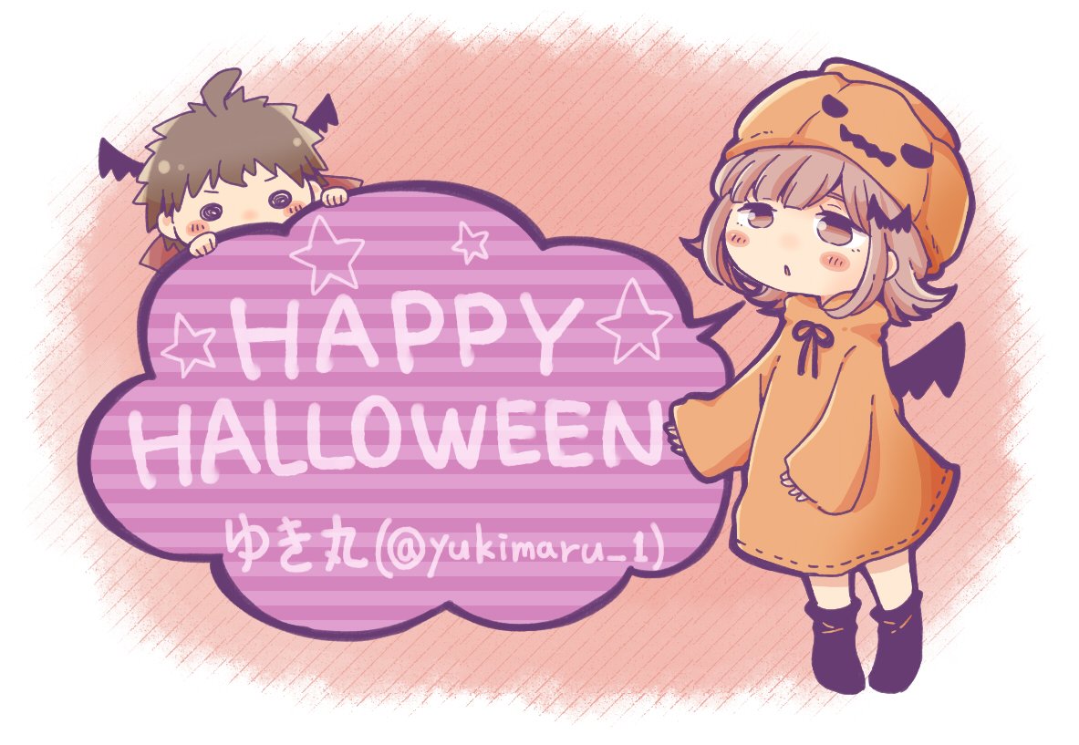 1boy 1girl ahoge bangs blush blush_stickers brown_eyes brown_hair commentary_request dangan_ronpa_(series) dangan_ronpa_2:_goodbye_despair dress halloween hands_up hinata_hajime nanami_chiaki neck_ribbon orange_dress pink_background pumpkin_hat ribbon ribbon-trimmed_dress shoes short_hair sleeves_past_wrists striped striped_background white_background wings yuki_maru_(yukimaru_1)