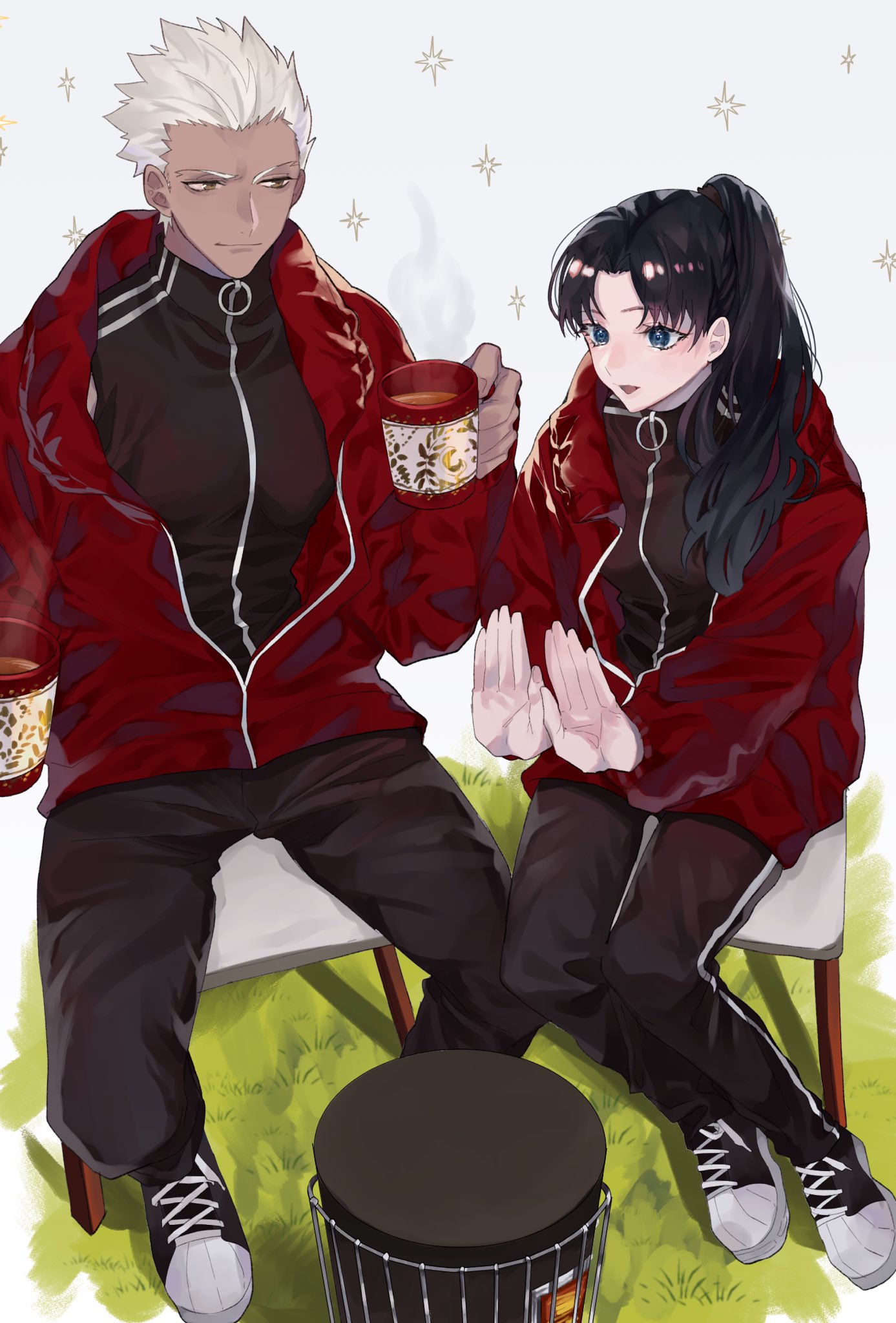 1boy 1girl alternate_costume archer_(fate) bangs black_hair black_jacket black_pants blue_eyes camping_chair closed_mouth coffee commentary_request cup dark-skinned_male dark_skin grass grey_hair highres holding jacket long_hair long_sleeves pale_skin pants ponytail red_jacket shimatori_(sanyyyy) shiny_hiar shoes sitting smile sneakers sparkle steam tohsaka_rin track_suit white_background white_footwear