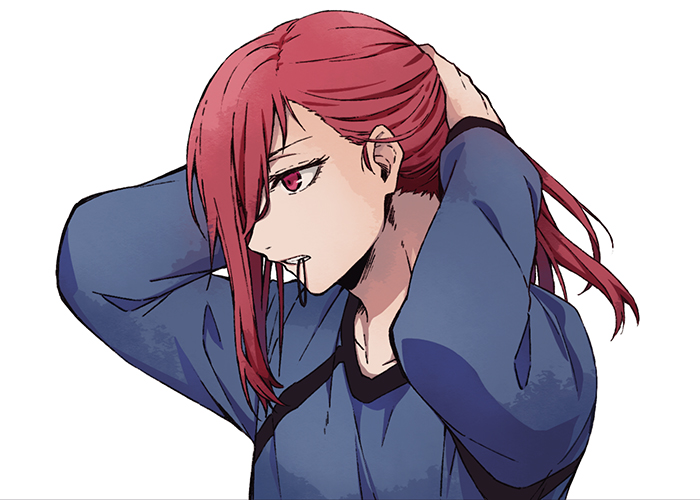 1boy arms_up bangs blue_lock chigiri_hyoma hair_tie_in_mouth long_hair looking_away male_focus mouth_hold red_eyes redhead simple_background solo tarou_(run) teeth tying_hair upper_body white_background