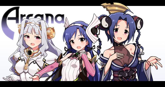 3girls ahoge ar_tonelico ar_tonelico_i aurica_nestmile aurica_nestmile_(cosplay) bangs black_ribbon blue_hair blunt_bangs braid breasts brown_eyes collarbone commentary cosplay detached_sleeves dot_nose drum eyebrows_visible_through_hair gold_trim hair_intakes hair_ornament hair_ribbon hairband hand_on_own_chest idolmaster idolmaster_million_live! instrument juliet_sleeves kisaragi_chihaya lace_trim leotard letterboxed long_hair long_sleeves looking_at_viewer medium_breasts medium_hair misha_arsellec_lune misha_arsellec_lune_(cosplay) miura_azusa multiple_girls open_mouth outstretched_arm outstretched_hand parody parted_bangs pink_eyes puffy_sleeves ribbon shijou_takane shiny shiny_clothes shiny_hair shurelia shurelia_(cosplay) silver_hair small_breasts title_parody tun twin_braids upper_body violet_eyes wavy_hair white_background white_leotard wide_sleeves yin_yang