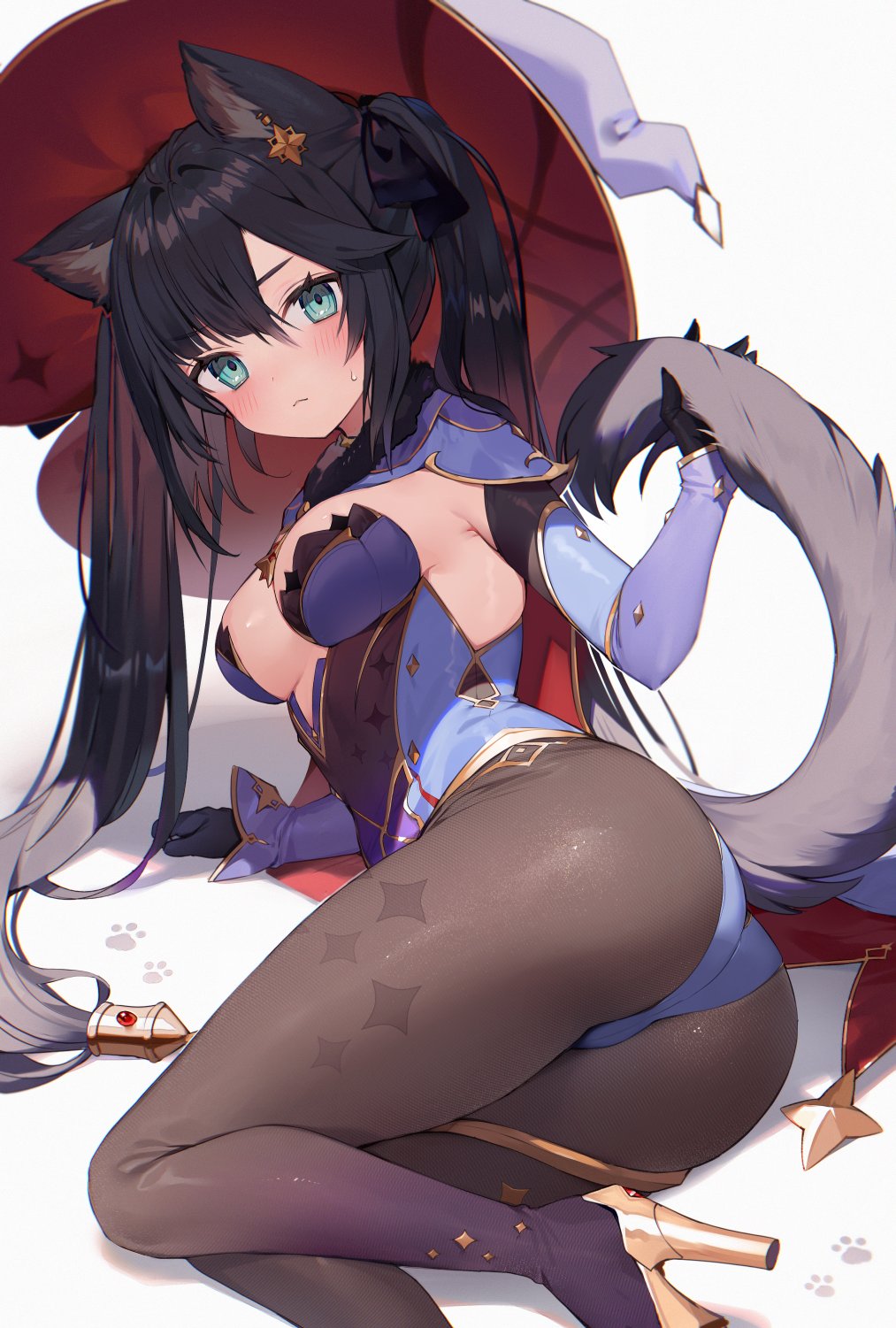 1girl animal_ear_fluff animal_ears aqua_eyes arm_support ass black_gloves black_hair blue_leotard blush breasts brown_legwear closed_mouth detached_sleeves fur_collar genshin_impact gloves gradient gradient_legwear hat high_heels highres holding_tail kemonomimi_mode leotard long_hair long_sleeves looking_at_viewer lying medium_breasts mona_(genshin_impact) muryotaro on_side pantyhose purple_legwear red_headwear simple_background solo sweat tail twintails very_long_hair white_background witch_hat yellow_footwear