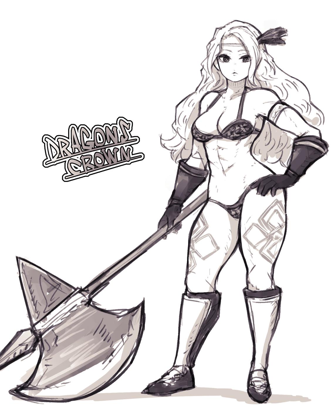 1girl amazon_(dragon's_crown) armor axe big_hair bikini_armor boots breasts circlet closed_mouth contrapposto copyright_name dragon's_crown full_body gloves hand_on_hip highres holding holding_axe holding_weapon huge_weapon knee_boots lamb-oic029 long_hair looking_at_viewer medium_breasts navel simple_background solo toned weapon white_background