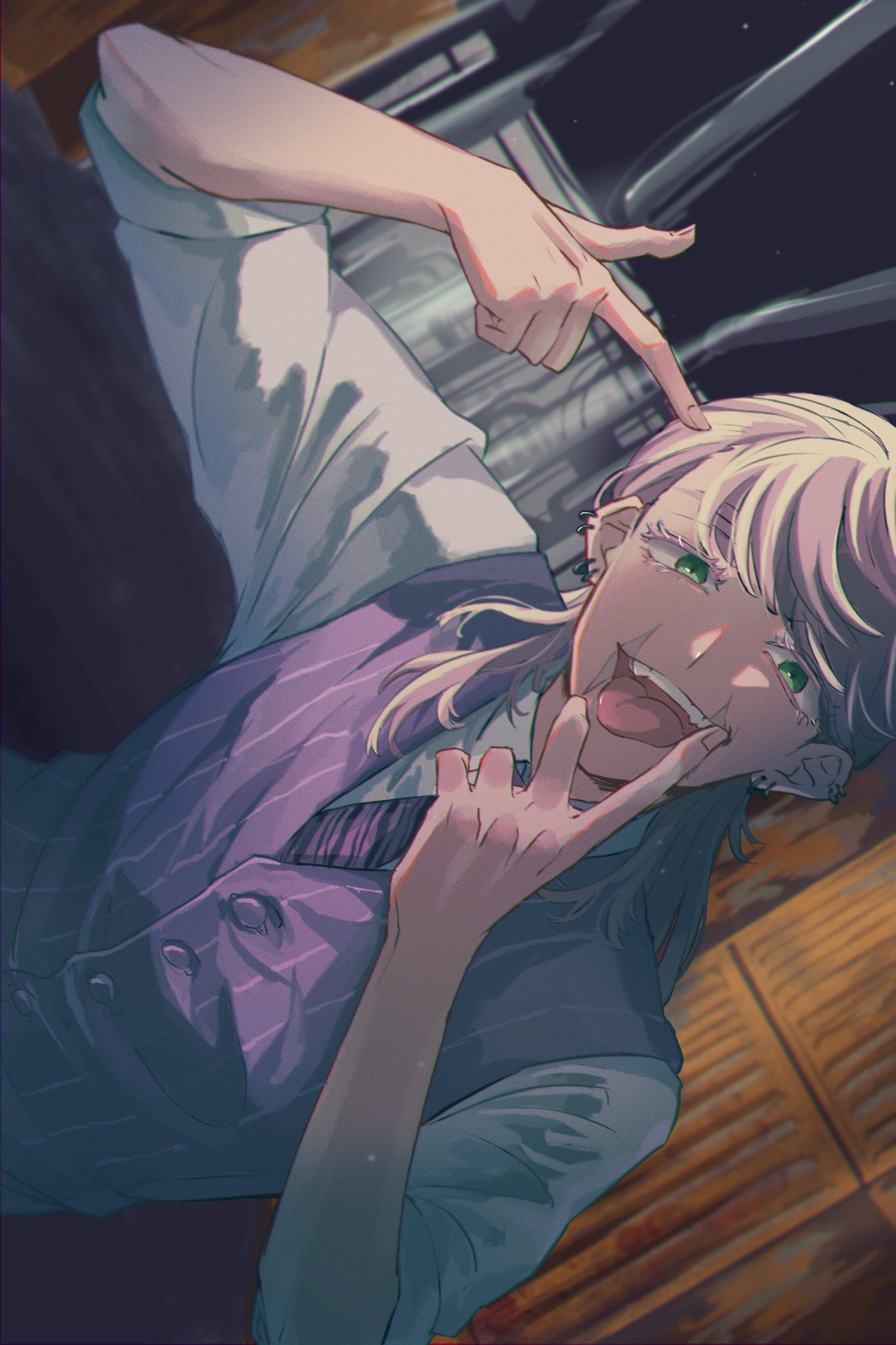 1boy arm_up bangs chokin_siyou earrings green_eyes hand_up haruchiyo_sanzu highres indoors jewelry long_hair looking_at_viewer male_focus necktie open_mouth pink_hair pointing pointing_at_self purple_neckwear purple_vest scar scar_on_face shirt sleeves_rolled_up smile solo tokyo_revengers tongue tongue_out upper_body v vest white_shirt