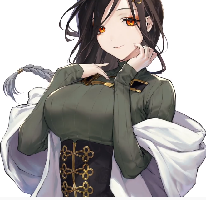 1girl braid breasts brown_hair closed_mouth commentary_request corset diisuke dot_nose eyebrows_behind_hair gradient_hair green_sweater grey_hair hand_on_own_chest hand_on_own_face large_breasts long_hair long_sleeves looking_at_viewer low_braid multicolored_hair nijisanji off-shoulder_coat off_shoulder orange_hair ribbed_sweater shirayuki_tomoe simple_background smile solo sweater turtleneck turtleneck_sweater underbust upper_body white_background