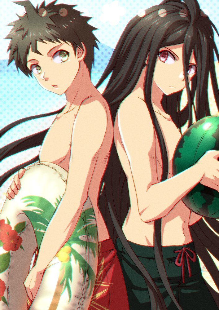 2boys back-to-back ball bangs beachball black_hair black_male_swimwear bo-tsu_(hyrkgk) brown_eyes brown_hair collarbone dangan_ronpa_(series) dangan_ronpa_2:_goodbye_despair food fruit hinata_hajime holding holding_innertube innertube kamukura_izuru long_hair looking_at_another looking_back male_focus male_swimwear multiple_boys open_mouth red_eyes red_male_swimwear short_hair watermelon