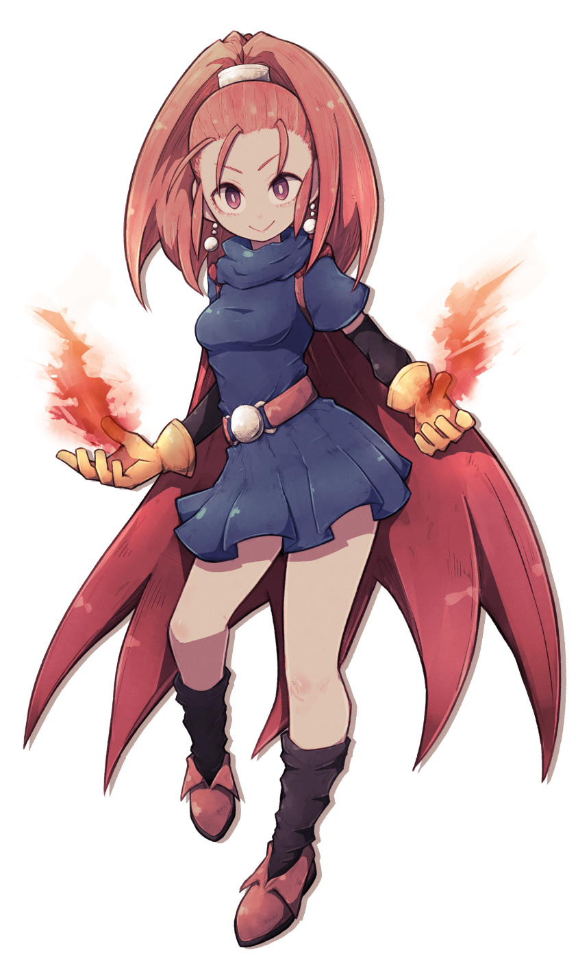 1girl :&gt; barbara_(dq6) belt black_legwear blue_dress bright_pupils brown_belt brown_footwear cape closed_mouth dragon_quest dragon_quest_vi dress earrings fire full_body gloves highres jewelry lamb-oic029 looking_at_viewer magic ponytail red_cape red_eyes redhead shoes short_dress short_sleeves simple_background smile socks solo white_background white_pupils yellow_gloves