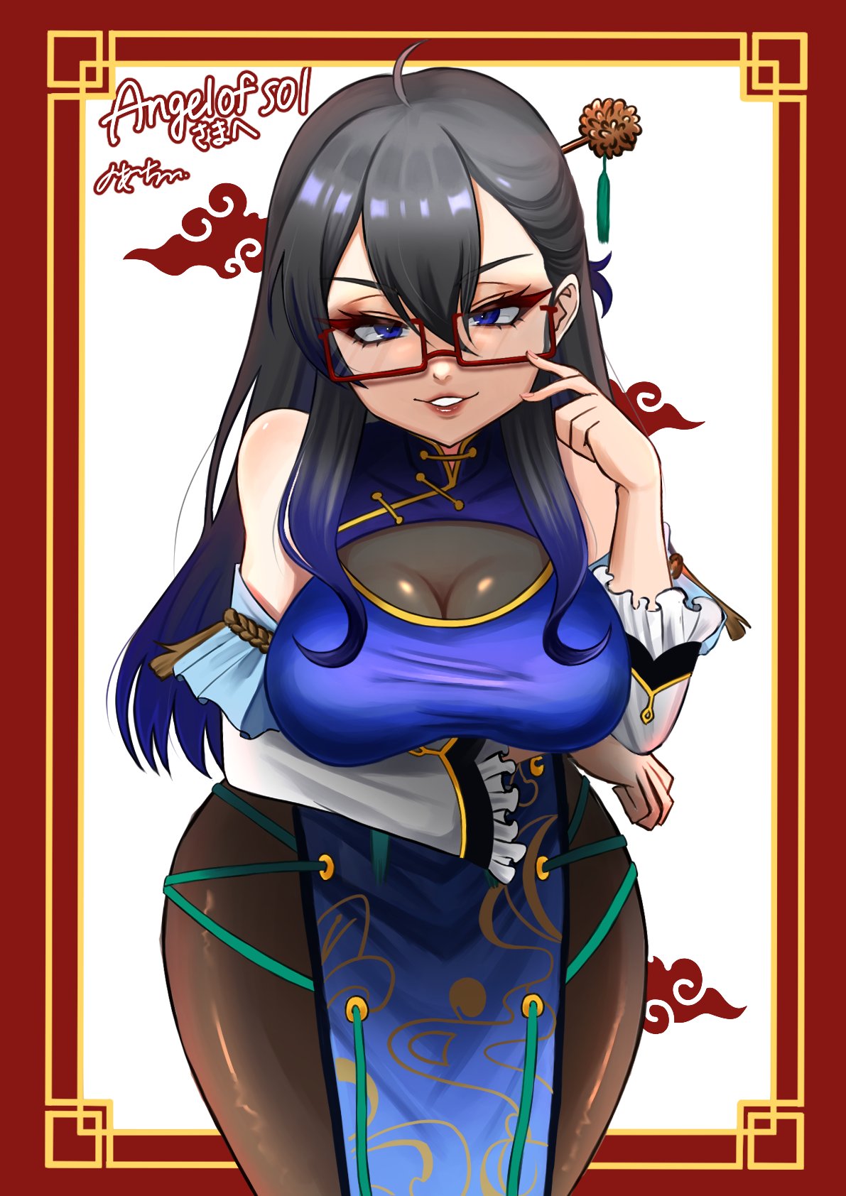 1girl bangs black_hair blue_dress blue_eyes blue_hair china_dress chinese_clothes commission detached_sleeves dress glasses highres leaning_forward long_hair multicolored_hair noati original pantyhose skeb_commission smile solo streaked_hair thigh_strap