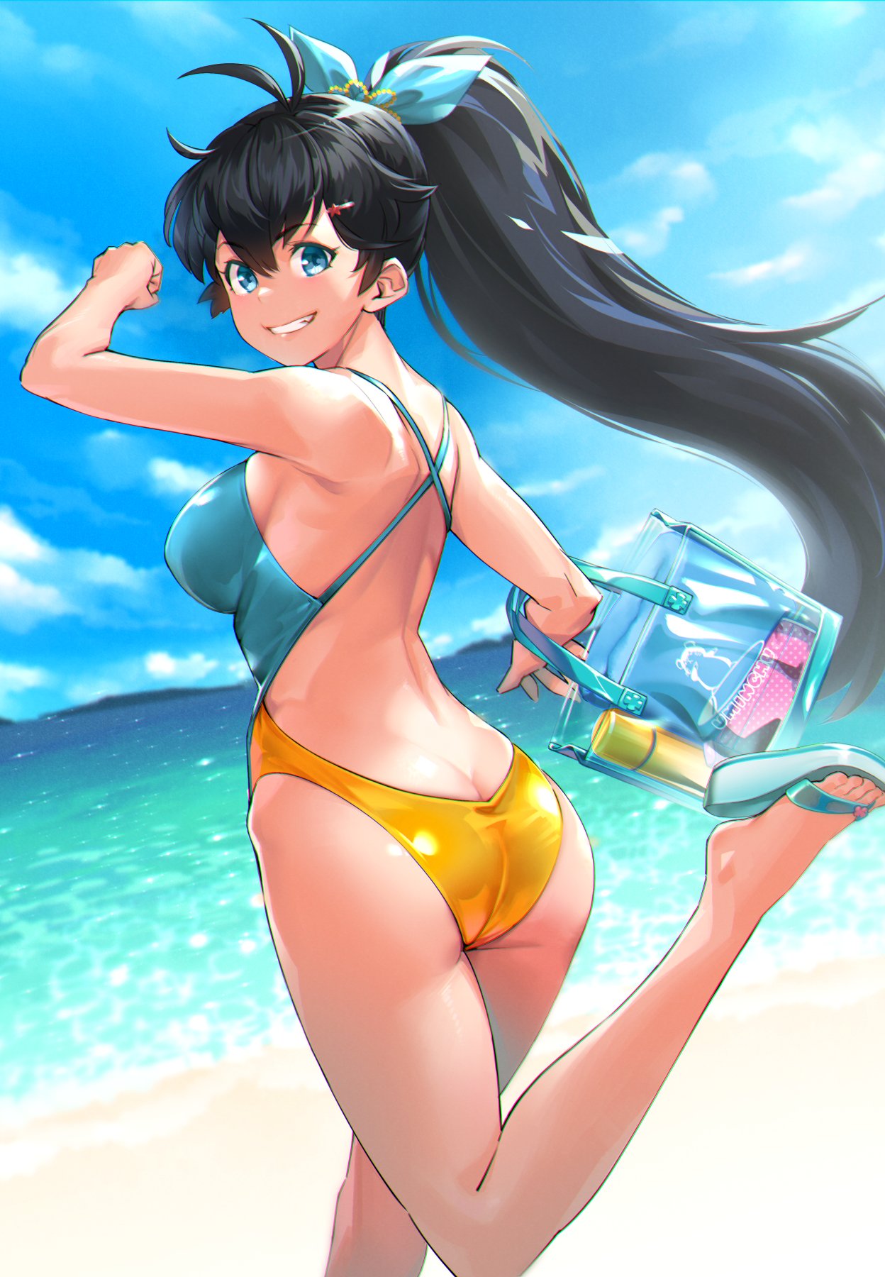 1girl antenna_hair ass back bag beach black_hair blue_eyes blue_ribbon blue_sky blush breasts butt_crack day dutch_angle ganaha_hibiki grin hair_ornament hair_ribbon hairclip highres holding holding_bag idolmaster idolmaster_(classic) large_breasts long_hair looking_at_viewer looking_back mikel_(4hands) ocean outdoors ponytail ribbon sandals sideboob sky smile solo swimsuit
