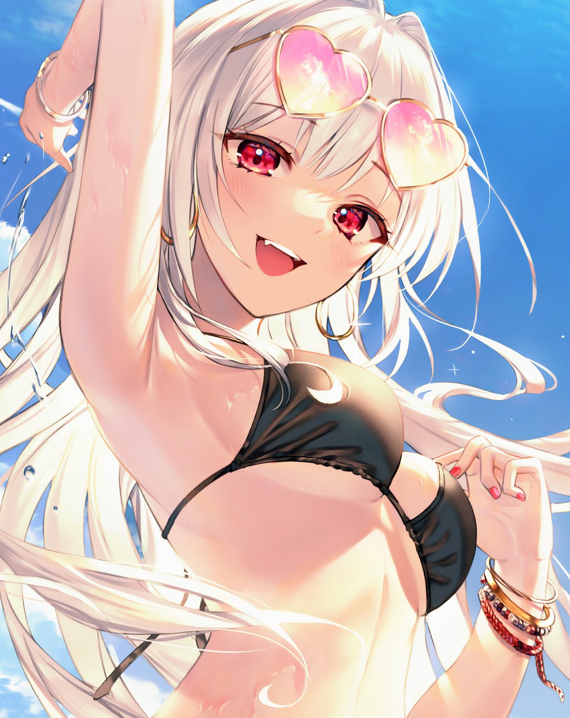 1girl :d arm_up armpits bangs bikini black_bikini blue_sky blush bracelet breasts day earrings eyebrows_visible_through_hair eyewear_on_head fang hair_intakes heart heart-shaped_eyewear highres hoop_earrings jewelry kh_(kh_1128) long_hair looking_at_viewer medium_breasts nail_polish open_mouth original outdoors red_eyes red_nails silver_hair sky smile solo sunglasses sweat swimsuit under_boob upper_body upper_teeth yellow-framed_eyewear