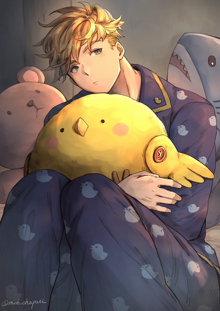 1boy animal_print artist_name bird_print blonde_hair blue_pajamas buttons closed_mouth commentary_request doll_hug fudoji granblue_fantasy green_eyes highres holding holding_stuffed_toy knees_up looking_away looking_to_the_side male_focus object_hug official_alternate_costume pajamas print_pajamas short_hair sitting solo stuffed_animal stuffed_bird stuffed_shark stuffed_toy teddy_bear twitter_username vane_(granblue_fantasy)
