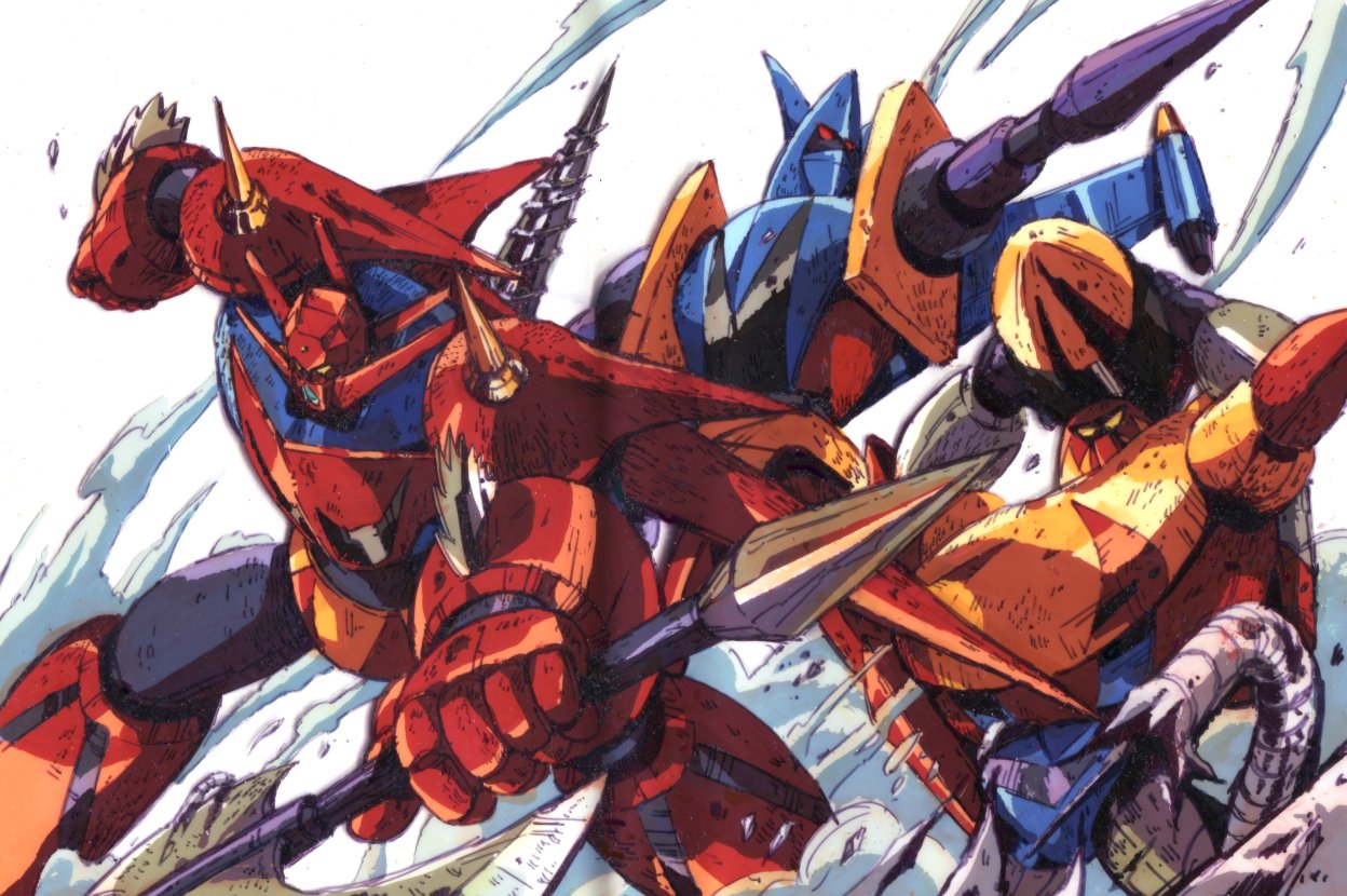axe clenched_hand drill getter_dragon getter_liger getter_poseidon getter_robo getter_robo_g holding holding_axe looking_at_viewer looking_down marble-v mecha no_humans red_eyes science_fiction super_robot yellow_eyes