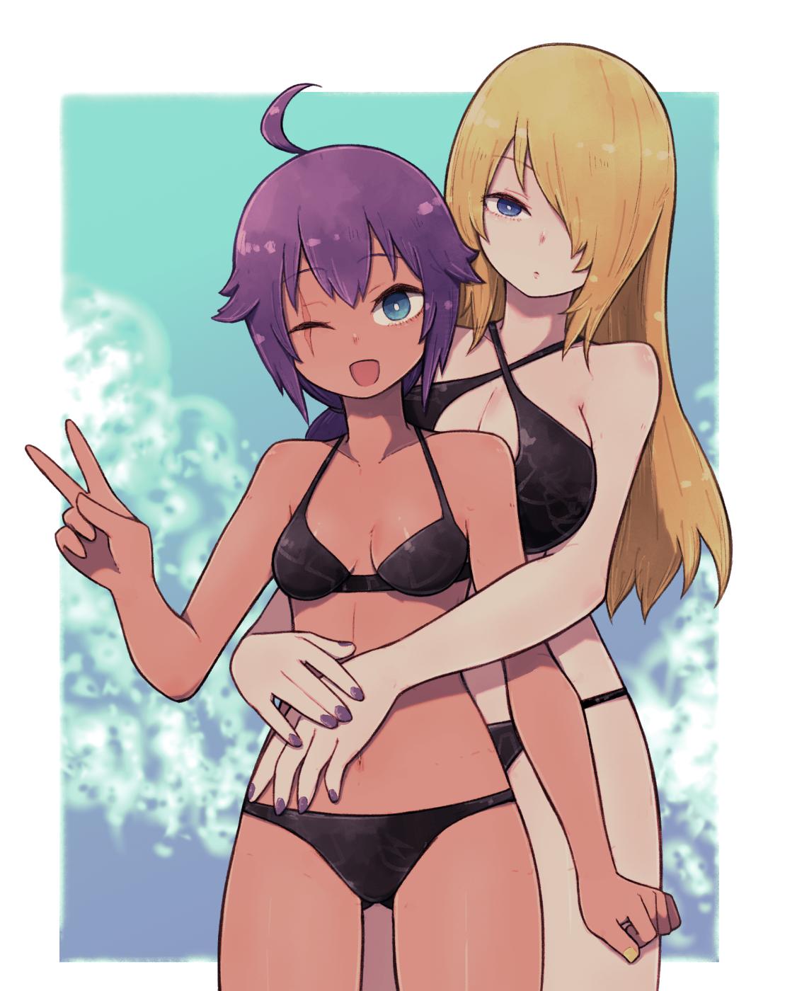 2girls :d ahoge bikini black_bikini blonde_hair blue_background blue_eyes border breasts closed_mouth criss-cross_halter dark-skinned_female dark_skin fingernails hair_over_one_eye halterneck hand_up height_difference highres hug hug_from_behind lamb-oic029 large_breasts long_hair looking_at_viewer low-tied_long_hair medium_breasts multiple_girls nail_polish one_eye_closed one_eye_covered open_mouth original outside_border purple_hair purple_nails scar scar_across_eye smile swimsuit v white_border yellow_nails