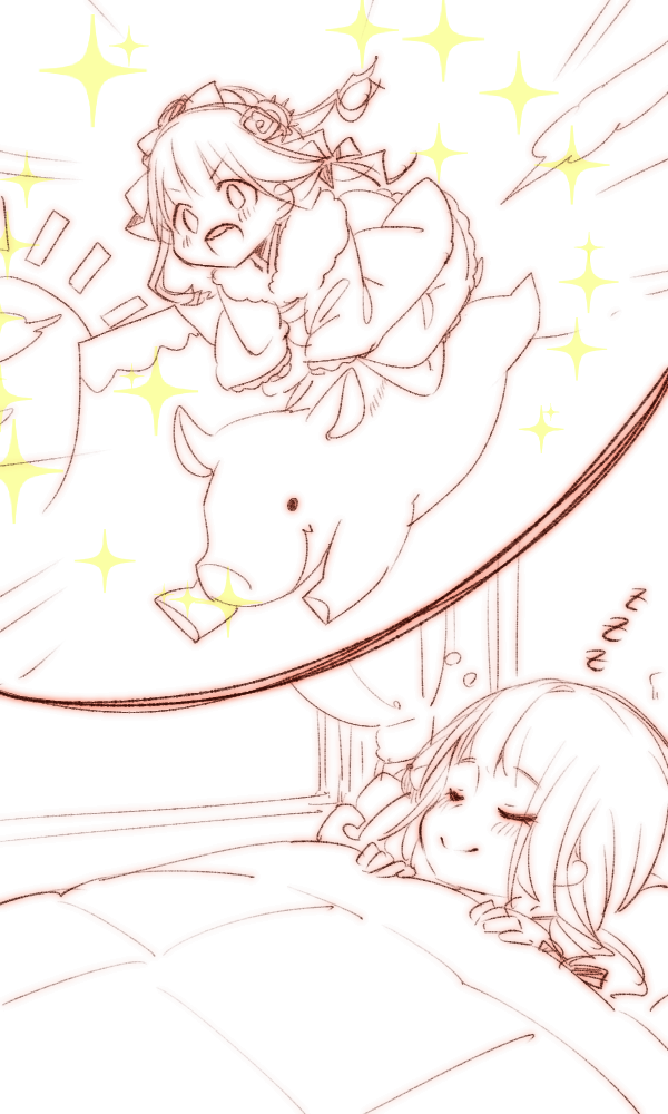 1girl :d bangs bed bed_sheet bedroom chibi closed_eyes closed_mouth curtains dreaming hair_between_eyes hair_ornament little_red_riding_hood_(sinoalice) long_hair long_sleeves open_mouth pig riding simple_background sinoalice sketch sleeping smile solo star_(symbol) teeth teroru white_background window zzz