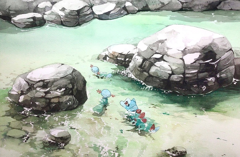 creature day gen_2_pokemon kamonabe_(kamonabeekon) no_humans outdoors pokemon pokemon_(creature) red_eyes rock starter_pokemon swimming totodile water wooper