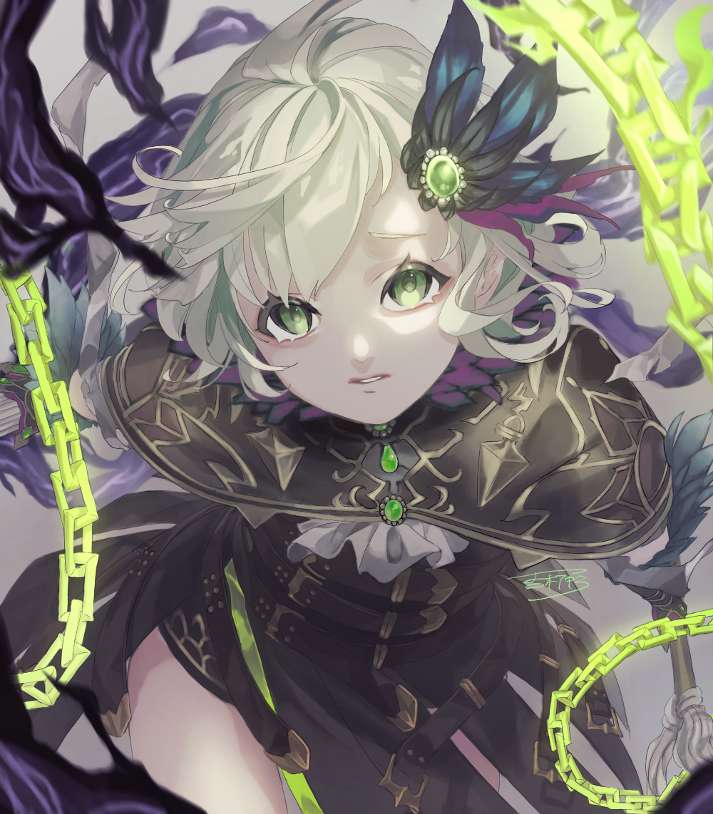 1boy ahoge belt black_gloves buckle capelet chain eyebrows_visible_through_hair feather_hair_ornament feathers frown gloves green_eyes green_hair hair_ornament hairclip holding holding_weapon leaning_forward looking_at_viewer male_focus parted_lips pinocchio_(sinoalice) polearm short_hair shorts sinoalice smoke solo weapon yoshiki_(reborunlove)