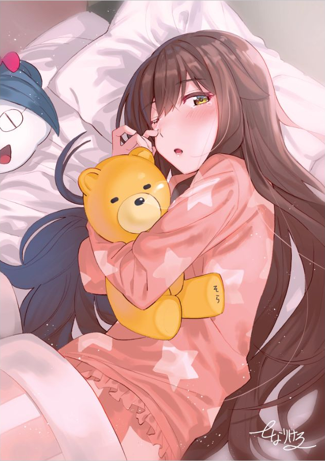 1girl alternate_costume ankimo_(tokino_sora) artist_name bangs bed blanket brown_eyes brown_hair hair_flaps holding holding_stuffed_toy hololive long_hair long_sleeves looking_at_viewer one_eye_closed open_mouth pajamas pillow pink_pajamas print_pajamas signature solo star_(symbol) star_print stuffed_animal stuffed_toy teddy_bear tokino_sora tonarikeru under_covers virtual_youtuber waking_up