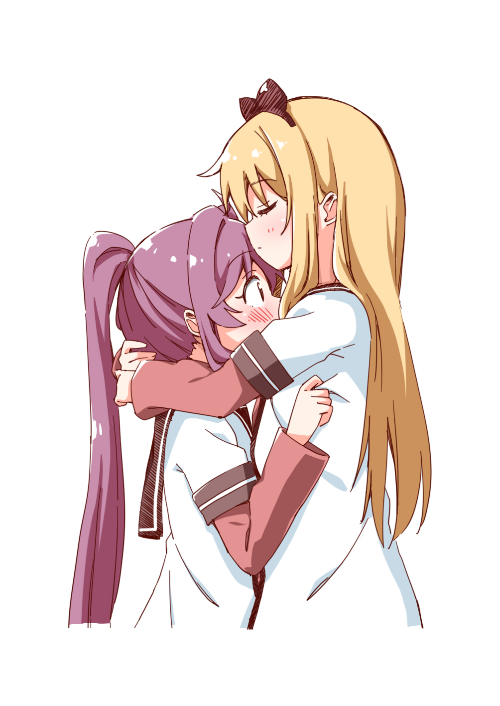 2girls bangs blonde_hair blush bow closed_eyes commentary_request dress eyebrows_visible_through_hair hair_bow haru_(konomi_150) highres hug layered_sleeves long_hair long_sleeves multiple_girls nanamori_school_uniform ponytail purple_bow purple_hair sailor_collar sailor_dress school_uniform serafuku short_over_long_sleeves short_sleeves simple_background sugiura_ayano toshinou_kyouko very_long_hair white_background yuri yuru_yuri