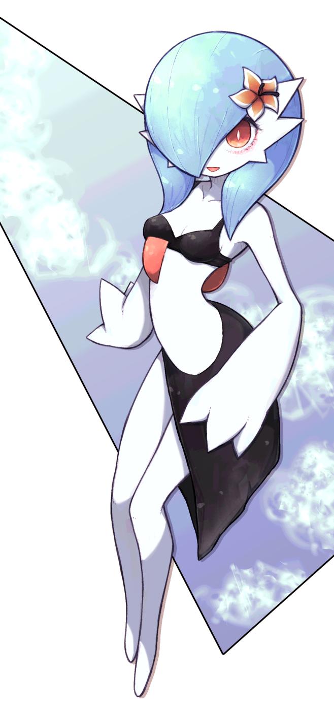 1girl :d alternate_color arm_support bikini bikini_skirt black_bikini black_skirt breasts bright_pupils colored_skin flower gardevoir gen_3_pokemon hair_flower hair_ornament hair_over_one_eye highres lamb-oic029 looking_at_viewer one_eye_covered open_mouth parted_lips pokemon pokemon_(creature) red_eyes shiny_pokemon skirt small_breasts smile solo swimsuit triangle_mouth white_pupils white_skin