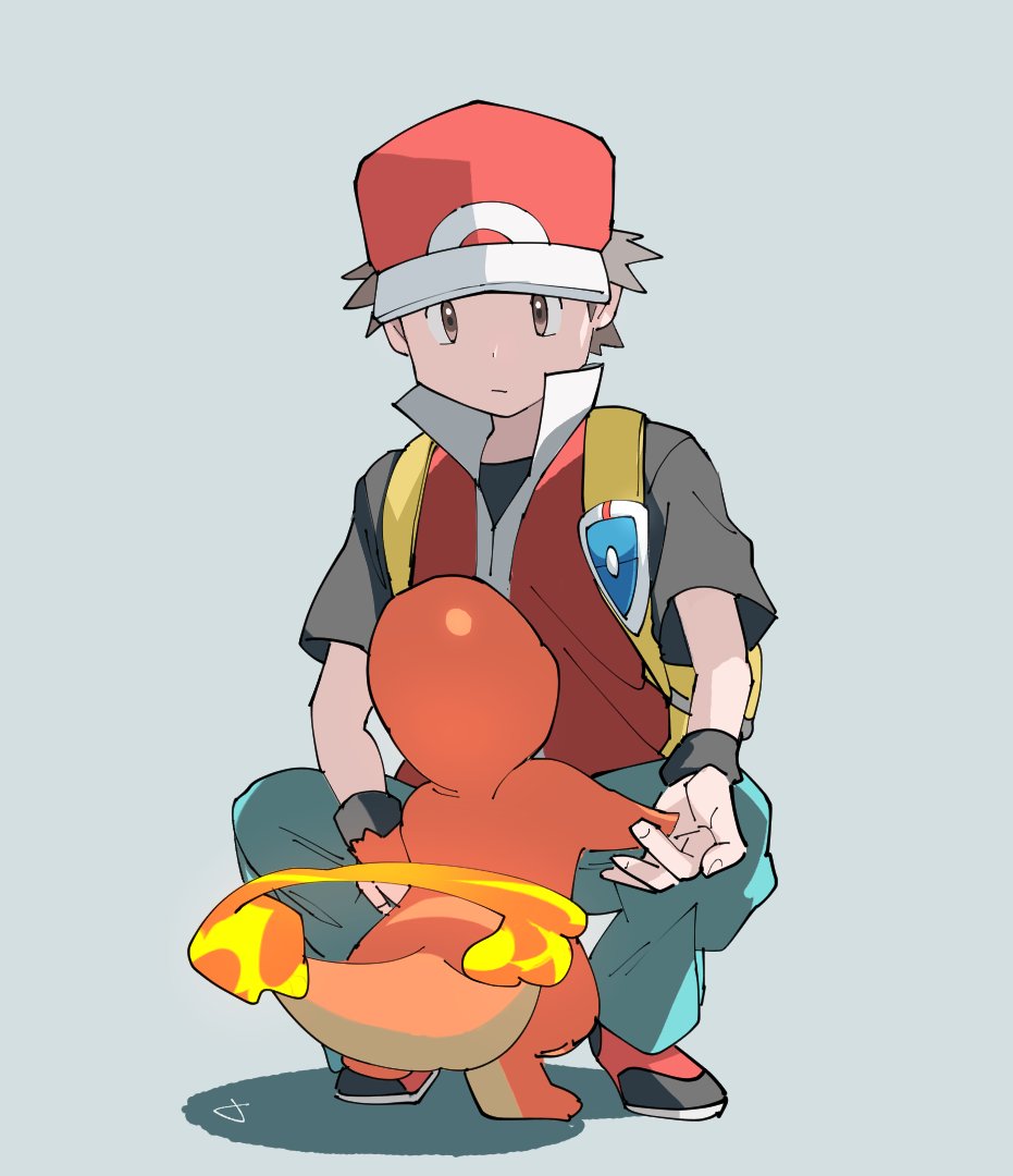 1boy backpack bag baseball_cap black_shirt brown_eyes brown_hair charmander closed_mouth commentary_request fire flame gen_1_pokemon green_pants grey_background hat holding holding_pokemon jacket looking_down male_focus motion_blur pants pokemon pokemon_(creature) pokemon_(game) pokemon_frlg red_(pokemon) red_footwear red_headwear shirt shoes short_hair short_sleeves spread_legs squatting starter_pokemon tail tail_wagging three_guo vs_seeker yellow_bag