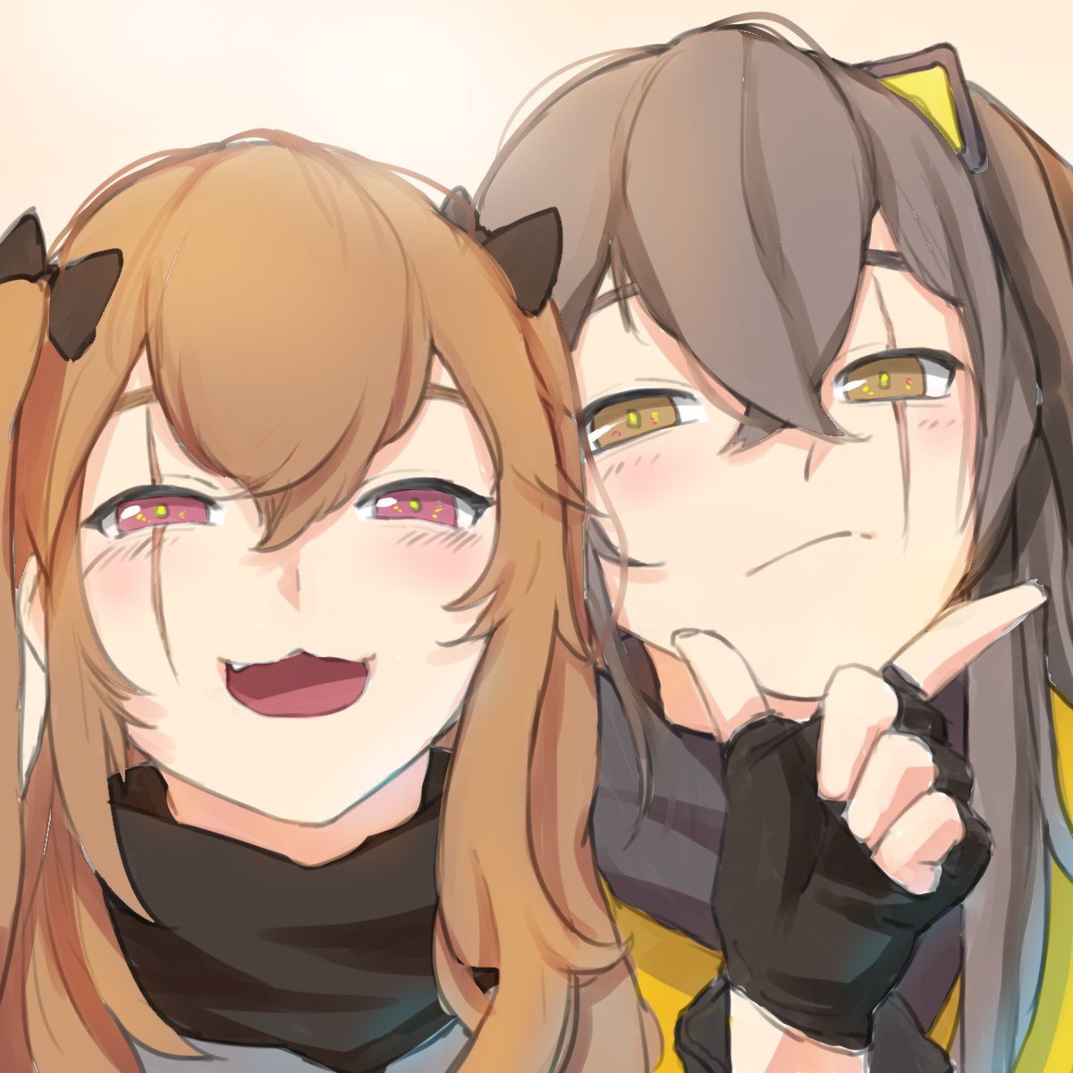 2girls black_bow black_gloves black_scarf blush bow brown_eyes brown_hair closed_mouth fingerless_gloves girls_frontline gloves grey_hair hair_between_eyes hair_bow highres long_hair looking_at_viewer multiple_girls open_mouth red_eyes scar scar_across_eye scarf sd_bigpie ump45_(girls_frontline) ump9_(girls_frontline)
