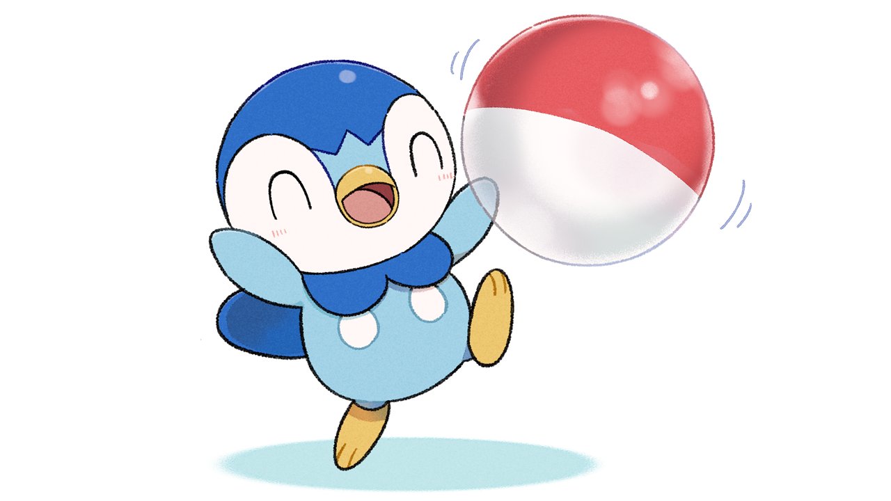 arms_up ball beachball blush commentary_request creature full_body gen_4_pokemon happy leg_up no_humans official_art open_mouth piplup pokemon pokemon_(creature) prj_pochama smile solo standing standing_on_one_leg starter_pokemon toes tongue |d