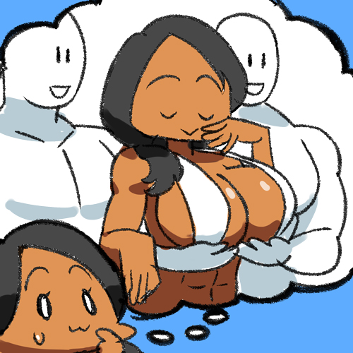 1girl abs arung_samudra_(cessa) bikini bikini_top black_hair blue_background breasts cessa closed_eyes english_commentary hand_up large_breasts long_hair lowres meme ombok_diving_and_delivery_services shadow solo swimsuit white_bikini