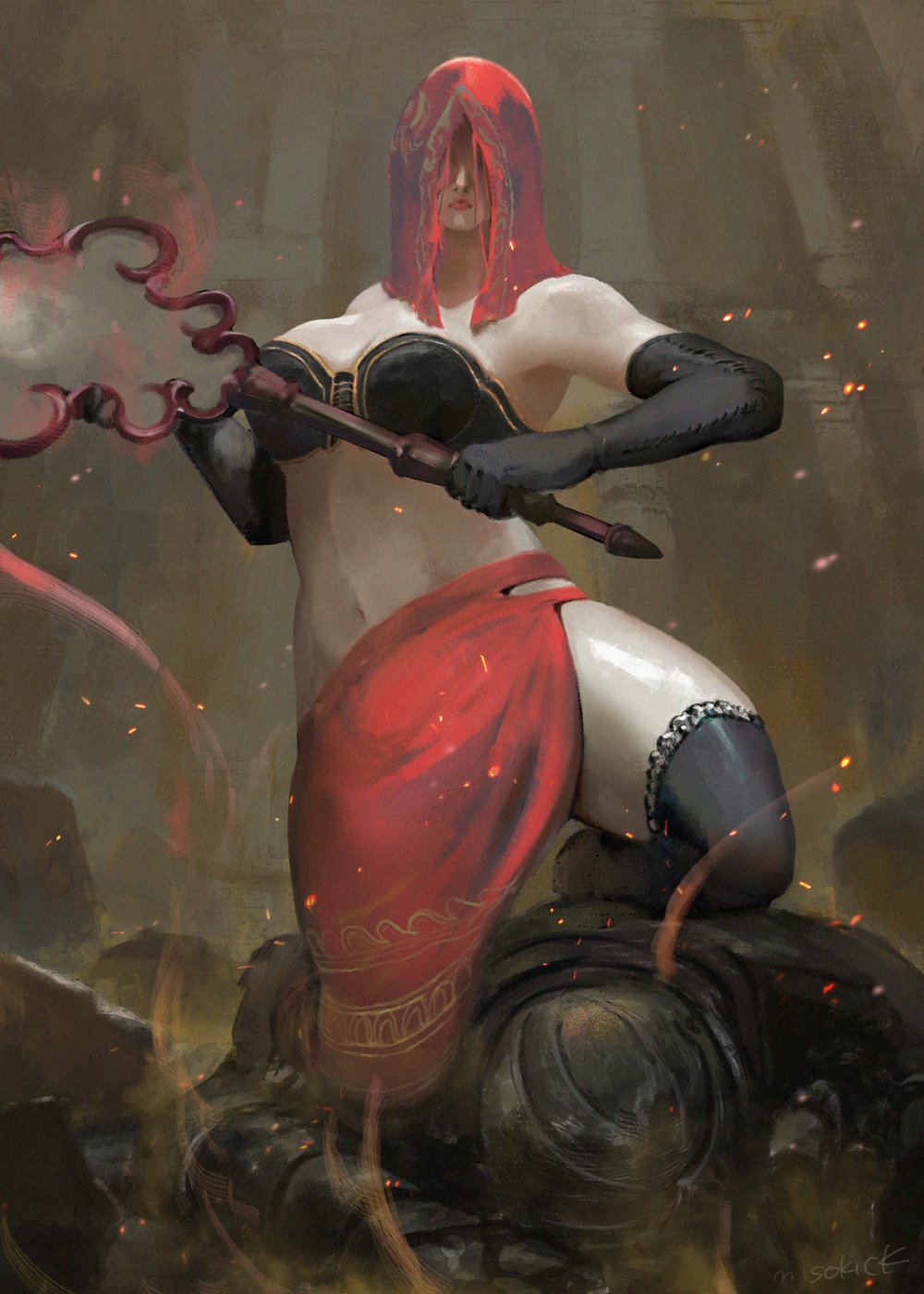 1girl black_gloves black_legwear breasts closed_mouth dark_souls_ii desert_sorceress elbow_gloves facing_viewer gloves highres holding holding_weapon large_breasts lipstick makeup miso_katsu navel red_lips red_skirt signature skirt solo_focus souls_(series) thigh-highs veil weapon