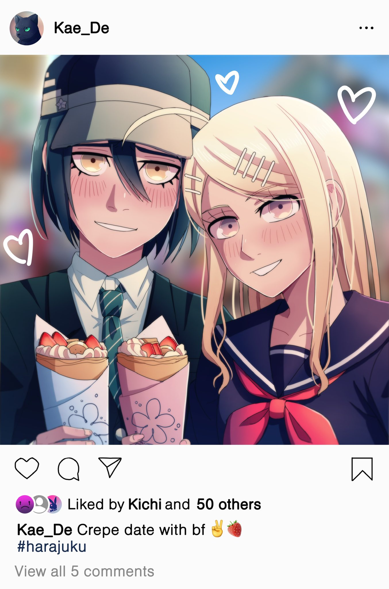 1boy 1girl akamatsu_kaede bangs black_hair black_headwear black_sailor_collar black_shirt blonde_hair blurry blurry_background blush cheer_(cheerkitty14) couple cream crepe dangan_ronpa_(series) dangan_ronpa_v3:_killing_harmony english_commentary english_text fake_screenshot food fruit hair_ornament hairclip heart hetero highres instagram long_hair necktie saihara_shuuichi sailor_collar school_uniform shirt short_hiar smile strawberry teeth yellow_eyes