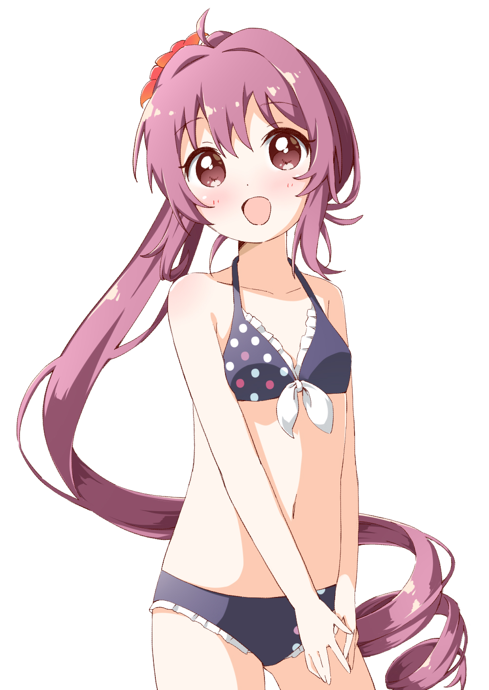 1girl bangs bikini breasts commentary_request eyebrows_visible_through_hair frilled_bikini frills hands_together haru_(konomi_150) highres interlocked_fingers long_hair looking_at_viewer navel open_mouth own_hands_together polka_dot polka_dot_bikini ponytail purple_hair simple_background small_breasts smile solo sugiura_ayano swimsuit very_long_hair violet_eyes white_background yuru_yuri