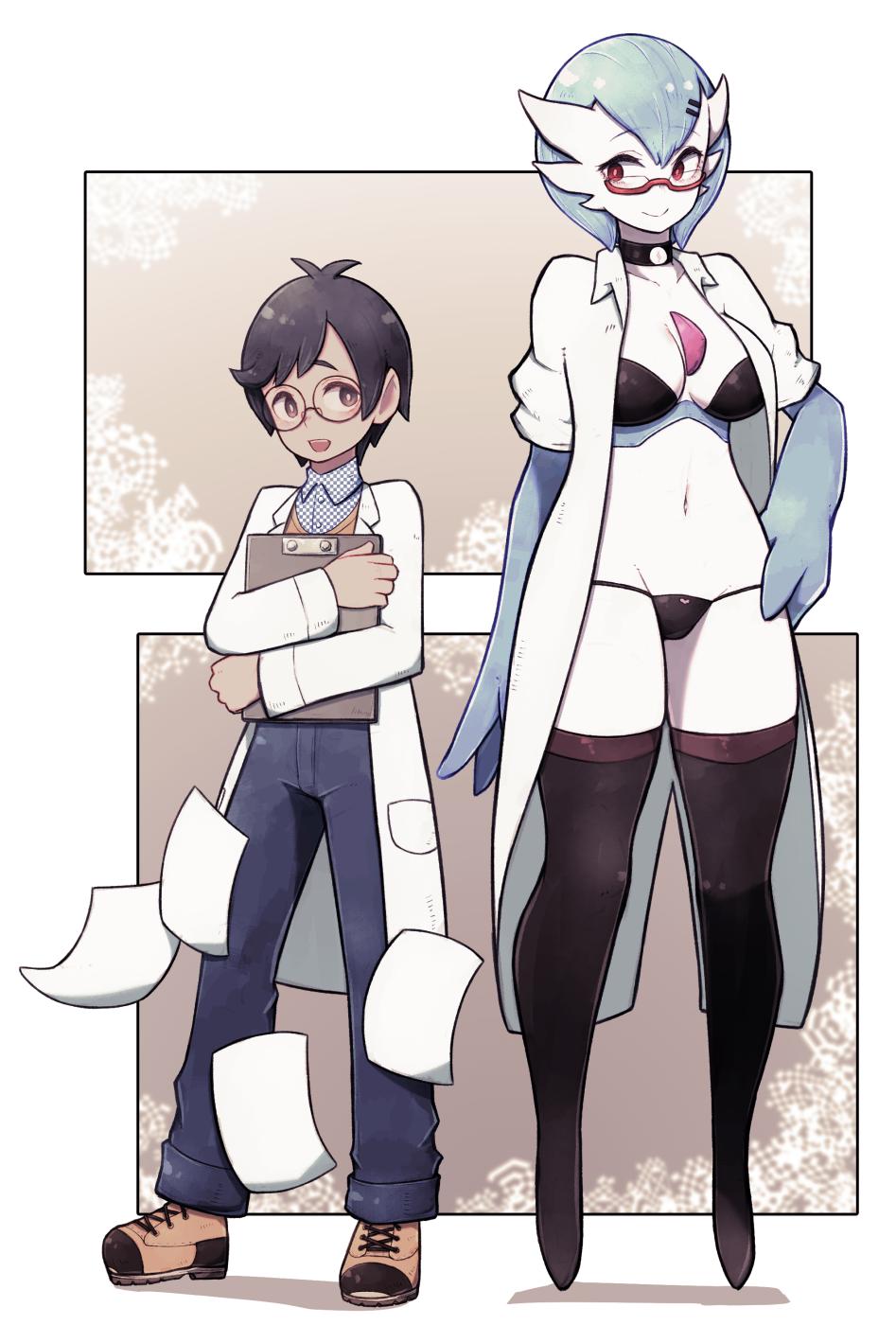 1boy 1girl :d antenna_hair black_bra black_choker black_hair black_panties blue_pants bra bright_pupils brown_eyes choker clipboard closed_mouth colored_skin commentary commission commissioner_insert english_commentary fewer_digits gardevoir gen_3_pokemon glasses green_hair hair_ornament hairclip hand_on_hip height_difference highres holding holding_clipboard labcoat lamb-oic029 no_feet open_mouth panties pants pokemon pokemon_(creature) red_eyes round_eyewear semi-rimless_eyewear shoes smile tall_female thigh-highs under-rim_eyewear underwear unmoving_pattern vest white_pupils white_skin wing_collar