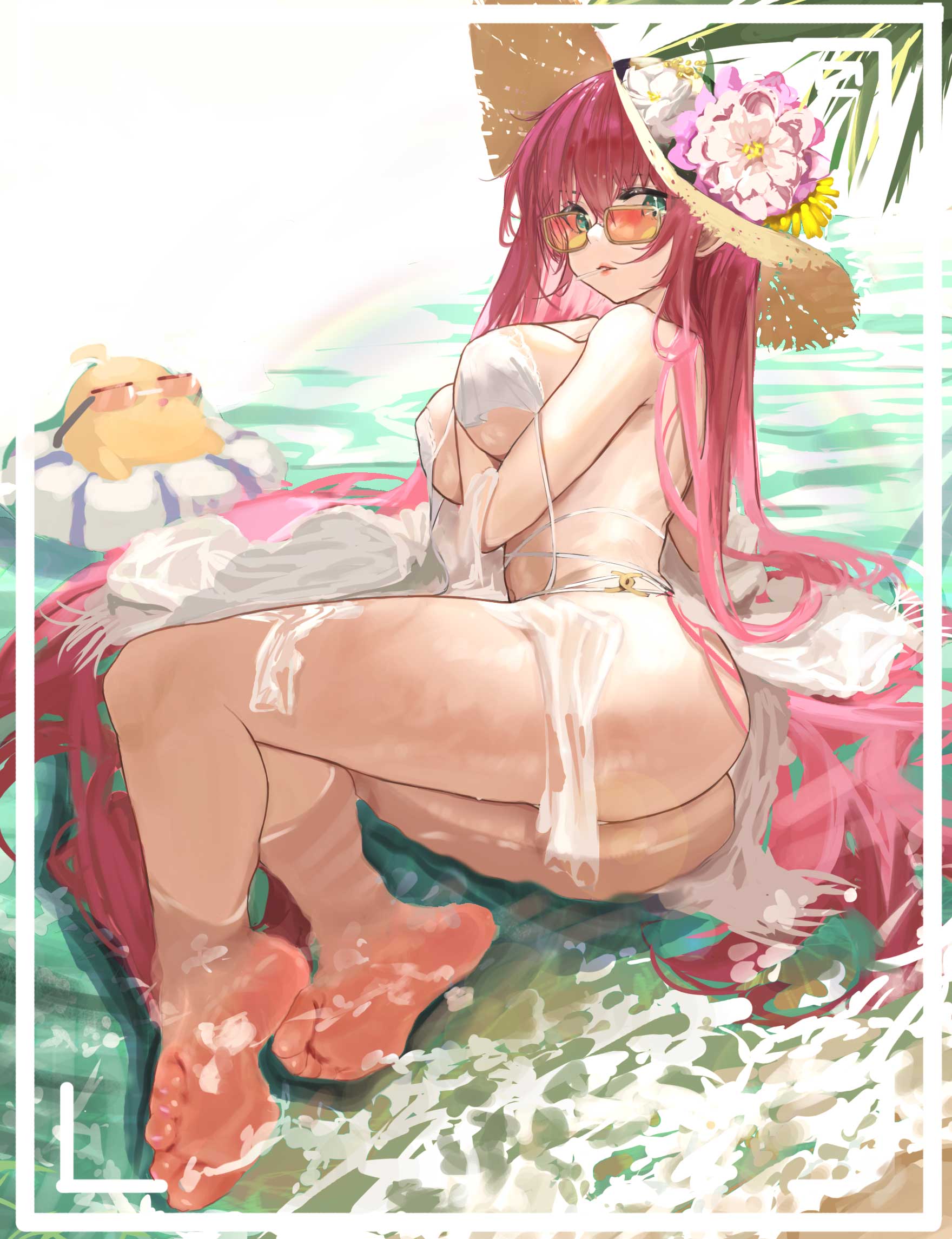 1girl arm_between_breasts azur_lane bangs bare_legs bare_shoulders barefoot between_breasts bikini breasts brown_headwear candy feet flower food full_body green_eyes hair_between_eyes hat hat_flower highres innertube large_breasts leaf lollipop long_hair looking_at_viewer lying manjuu_(azur_lane) mouth_hold nineye official_alternate_costume on_side parted_lips pink_hair soles straw_hat string_bikini sun_hat sunglasses surcouf_(azur_lane) surcouf_(loisirs_balneaires)_(azur_lane) swimsuit toes very_long_hair water wet white_bikini white_flower