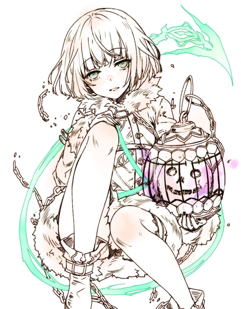 1girl bangs black_nails boots cage chain dress green_eyes gretel_(sinoalice) grin hair_between_eyes holding knees_up long_sleeves looking_at_viewer nail_polish short_hair simple_background sinoalice sketch smile solo teeth teroru unfinished white_background white_dress white_footwear white_hair