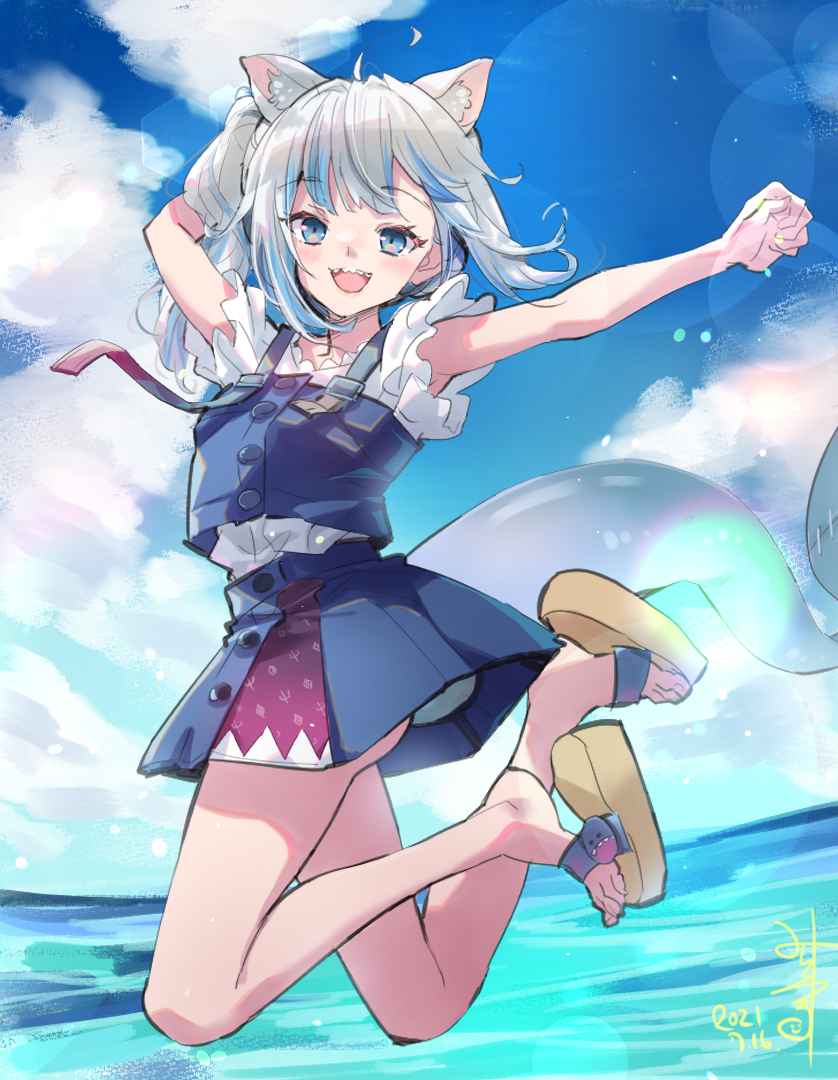 1girl :d ahoge animal_ears bare_legs blue_eyes blue_hair blue_skirt blurry bokeh buttons cat_ears clouds cloudy_sky depth_of_field eyebrows_visible_through_hair fish_tail frilled_shirt frills full_body gawr_gura hololive hololive_english jumping looking_at_viewer medium_hair minimaru miniskirt multicolored_hair ocean official_alternate_costume open_mouth outdoors outstretched_arm sandals shark_girl shark_tail shirt short_sleeves side_ponytail signature silver_hair skirt skirt_set sky smile solo streaked_hair suspenders tail virtual_youtuber water white_shirt