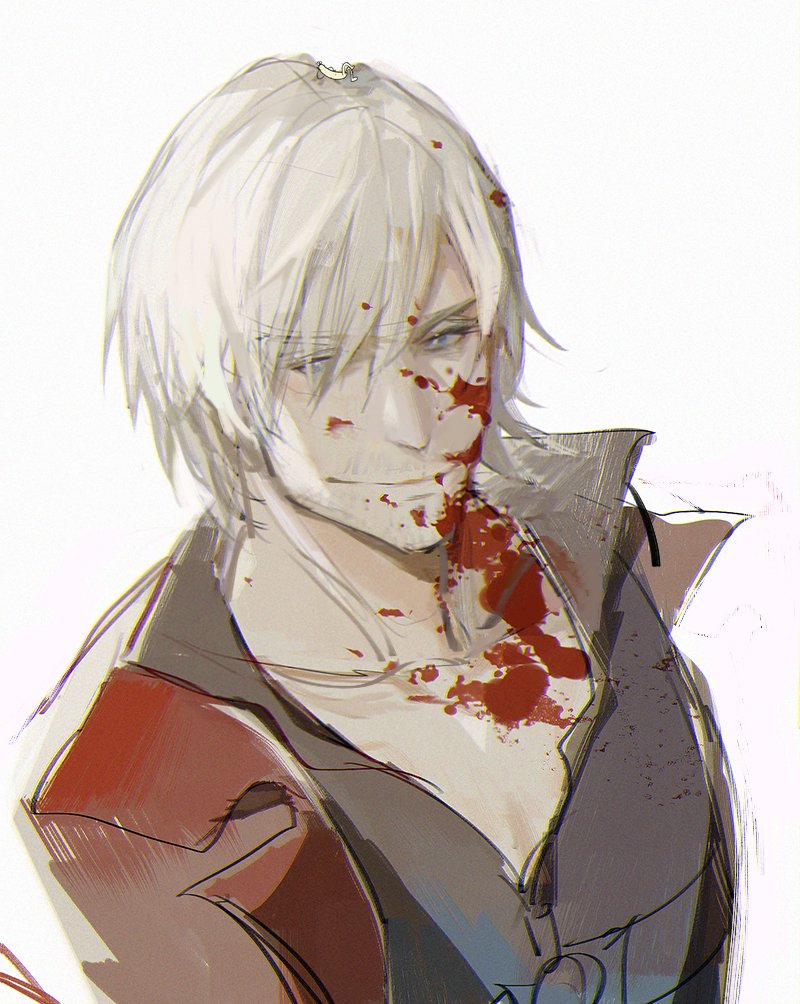 1boy blood blood_on_face blood_splatter bloody_clothes bloody_hair blue_eyes chromatic_aberration collarbone cumcmn dante_(devil_may_cry) devil_may_cry_(series) devil_may_cry_4 hair_between_eyes hair_over_one_eye male_focus open_clothes short_hair simple_background smirk solo upper_body white_background white_hair