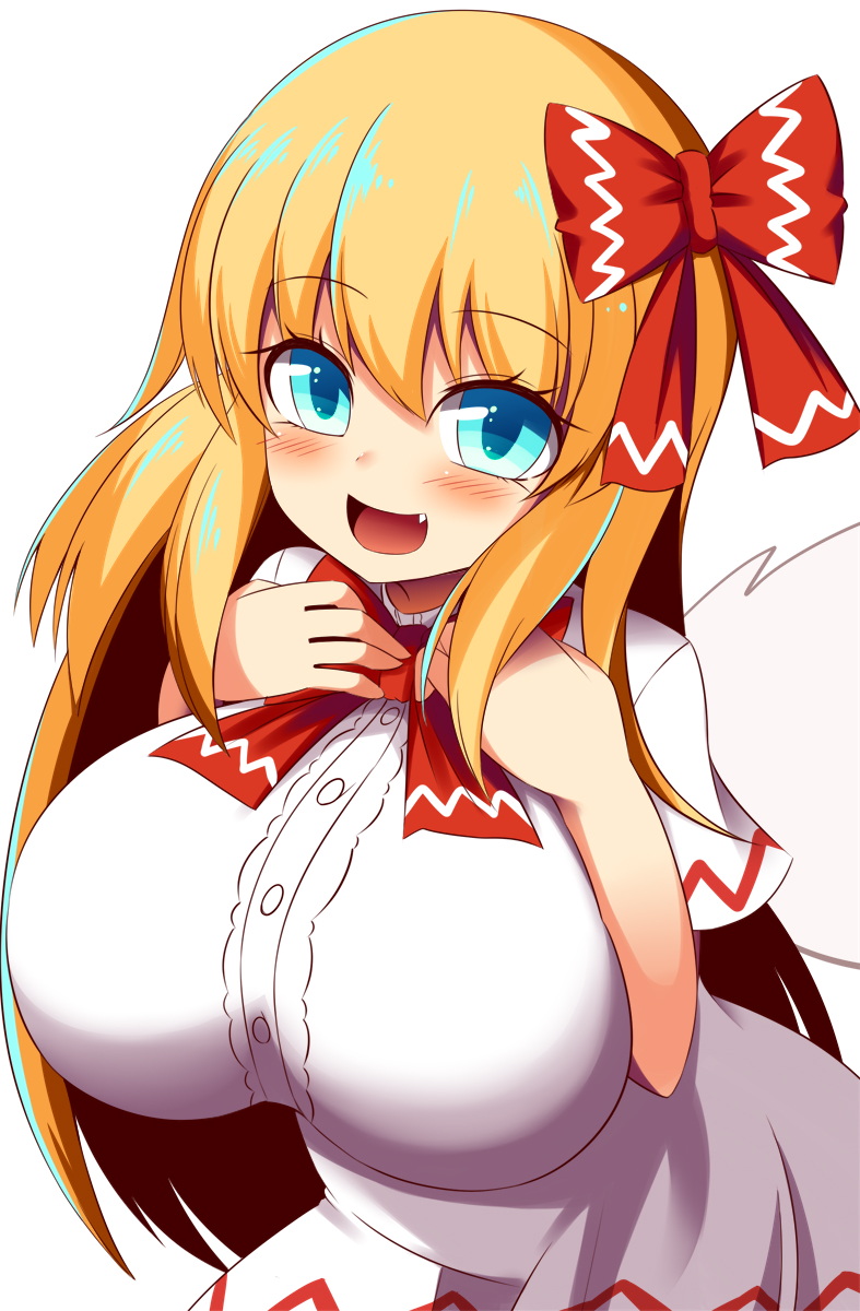 1girl :d alternate_breast_size blonde_hair blue_eyes blush bow bowtie breast_suppress breasts dress eyebrows_visible_through_hair fairy fairy_wings fang hair_bow highres huge_breasts large_breasts lily_white looking_at_viewer no_hat no_headwear open_mouth red_ribbon smile solo touhou upper_body white_background white_dress wings xialu_zajin