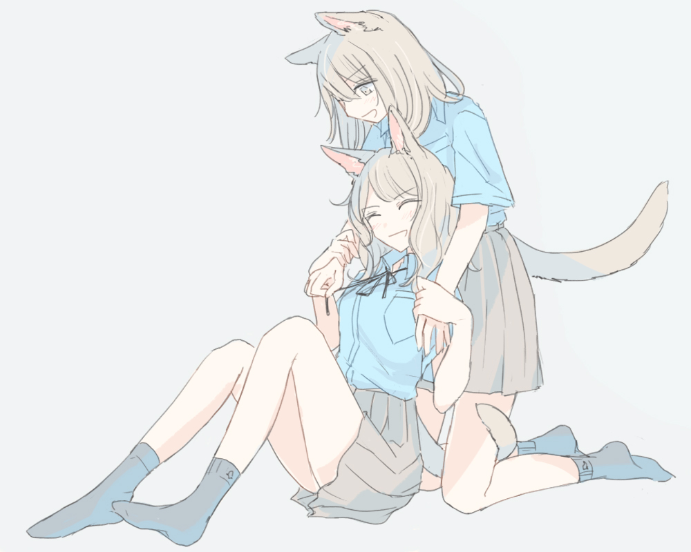 2girls animal_ears black_ribbon blue_shirt cat_ears cat_girl cat_tail closed_eyes collared_shirt commentary_request eyebrows_visible_through_hair full_body grey_background grey_eyes grey_hair grey_legwear grey_skirt hands_on_another's_wrists kneeling looking_at_another medium_hair multiple_girls neck_ribbon nekoya_saki open_mouth original pleated_skirt ribbon school_uniform shirt shirt_tucked_in short_sleeves simple_background sitting skirt smile socks tail tail_grab tail_hold yuri