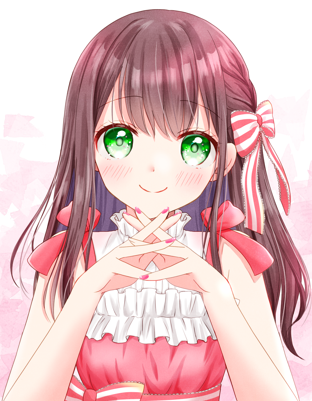 1girl bangs blush bow brown_hair collared_dress commentary dress eyebrows_visible_through_hair green_eyes hair_bow highres long_hair looking_at_viewer original pink_bow pink_nails red_dress sidelocks smile solo tiramisu651