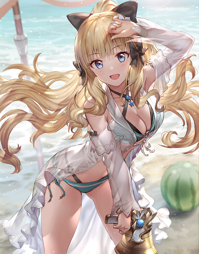 1girl 77gl bangs bikini black_bow blonde_hair blue_eyes blush bow breasts duplicate elf eyebrows_visible_through_hair flower hair_bow hair_ornament hair_up large_breasts long_hair looking_at_viewer navel open_mouth pixel-perfect_duplicate pointy_ears ponytail princess_connect! saren_(princess_connect!) smile solo swimsuit