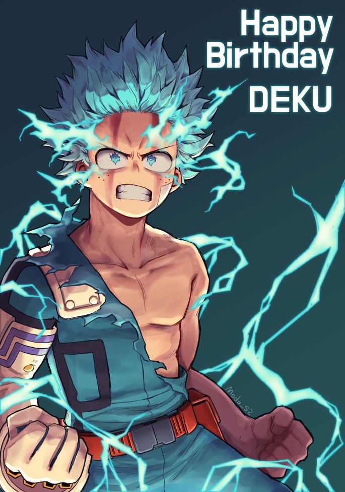 1boy artist_name bangs belt blue_eyes bodysuit boku_no_hero_academia character_name clenched_hands clenched_teeth collarbone commentary elbow_gloves electricity freckles gloves gradient gradient_background green_background green_bodysuit green_hair happy_birthday looking_at_viewer male_focus midoriya_izuku modo_(modo_s2) red_belt short_hair single_glove solo teeth torn_bodysuit torn_clothes white_gloves