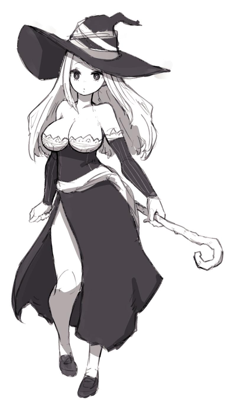 1girl bare_shoulders breasts bright_pupils closed_mouth detached_sleeves dragon's_crown dress full_body greyscale hat highres holding holding_staff lamb-oic029 large_breasts long_hair looking_at_viewer monochrome shoes side_slit simple_background solo sorceress_(dragon's_crown) staff white_background white_pupils witch_hat