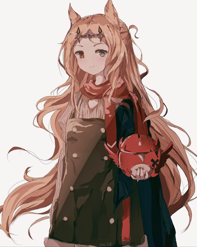 1girl animal_ears archetto_(arknights) arknights black_corset black_dress blonde_hair blue_eyes cape chinese_commentary closed_mouth commentary_request corset cowboy_shot dated dianqiwei_wubaqi dress gloves heterochromia holding infection_monitor_(arknights) long_hair looking_at_viewer red_cape red_eyes sketch white_background wrist_guards