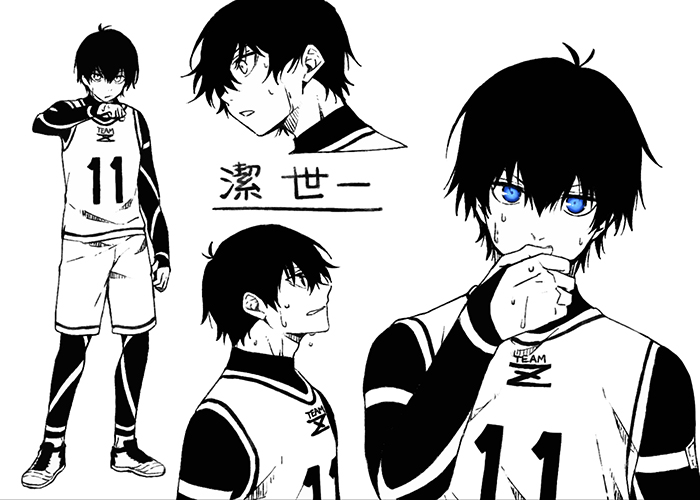 1boy ahoge bangs blue_eyes blue_lock full_body gym_uniform hair_between_eyes hand_to_own_mouth hieroglyphics isagi_yoichi male_focus monochrome multiple_views profile simple_background spot_color tarou_(run) upper_body white_background