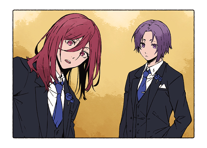 2boys bangs blazer blue_lock border chigiri_hyoma hair_between_eyes head_tilt jacket long_hair looking_at_viewer mikage_reo multiple_boys necktie open_mouth parted_lips purple_hair red_eyes redhead shirt short_hair simple_background standing tarou_(run) tuxedo violet_eyes white_shirt