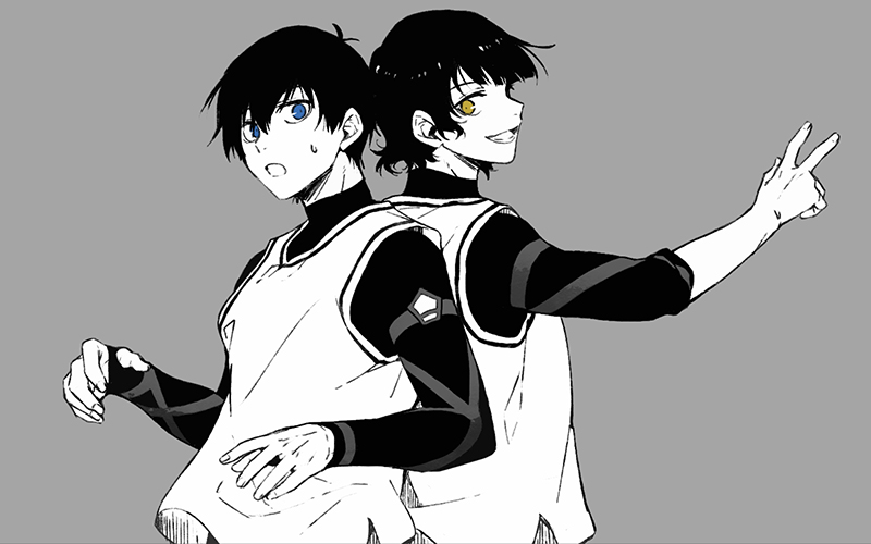 2boys :d bachira_meguru back-to-back bangs blue_eyes blue_lock grey_background gym_uniform hair_between_eyes isagi_yoichi male_focus monochrome multiple_boys open_mouth simple_background smile spot_color tarou_(run) yellow_eyes