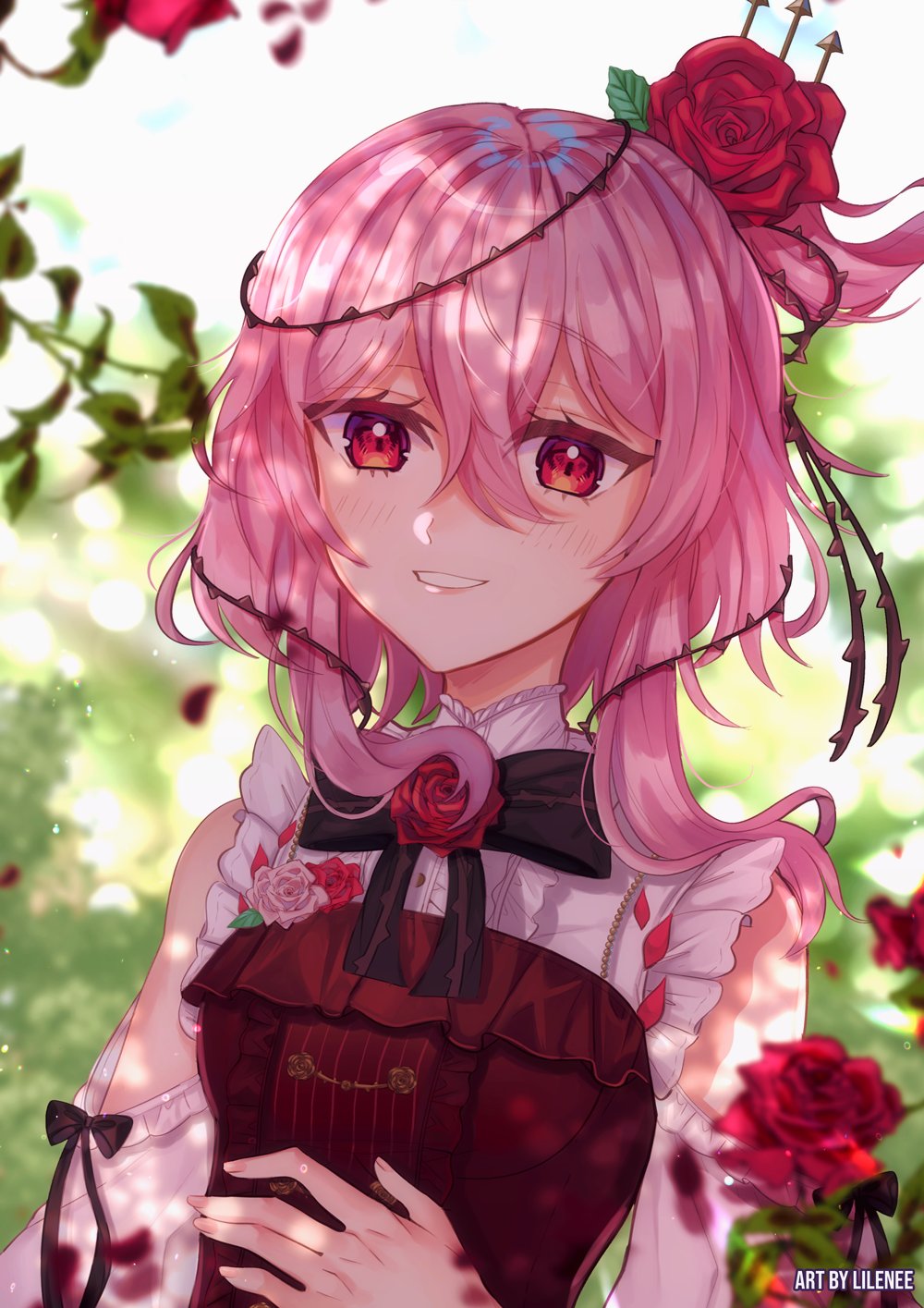 1girl artist_name black_bow blurry blurry_background bow breasts elbow_cutout flower hair_between_eyes hair_flower hair_ornament highres lilinee nijisanji nijisanji_en parted_lips plant red_eyes red_flower red_rose rose rosemi_lovelock short_sidetail small_breasts smile solo thorns upper_body vines virtual_youtuber