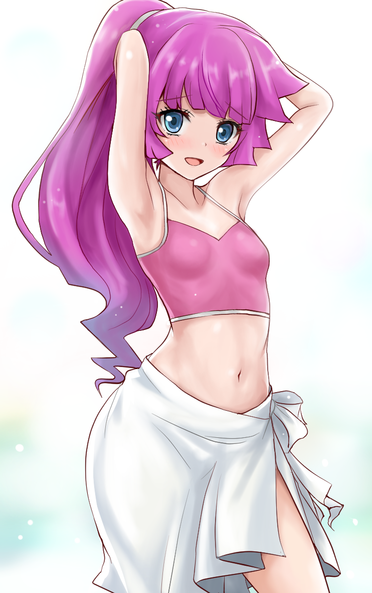 1girl armpits arms_behind_head arms_up bangs blue_eyes blurry blurry_background blush bra breasts cowboy_shot eyebrows_visible_through_hair kirishima_romin long_hair looking_at_viewer midriff navel open_mouth purple_bra purple_hair r-binon small_breasts smile solo underwear white_background yu-gi-oh! yu-gi-oh!_sevens