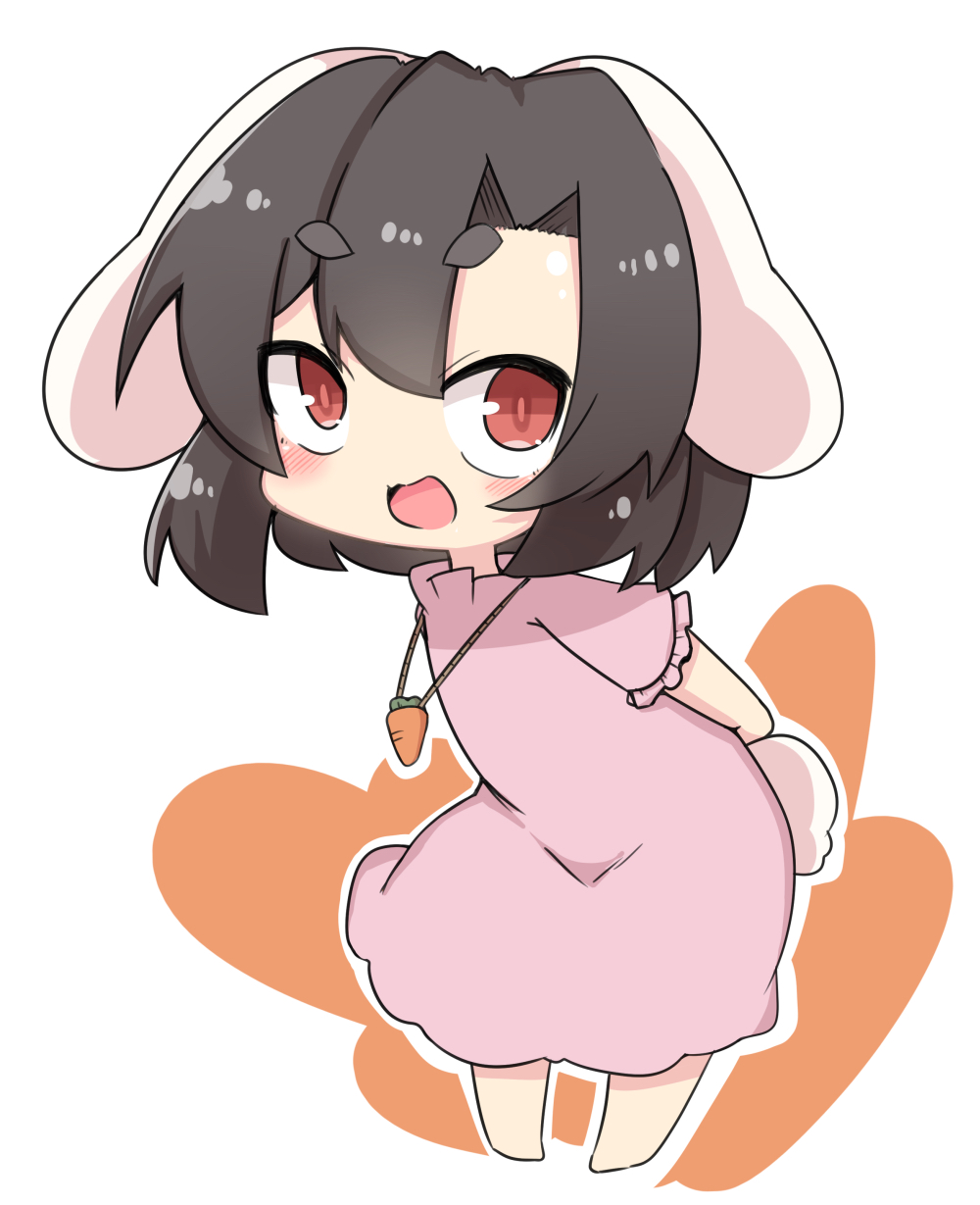 1girl :d animal_ears arms_behind_back bangs barefoot black_hair bunny_tail carrot_necklace dress eyebrows_visible_through_hair floppy_ears full_body highres inaba_tewi looking_at_viewer ooyama_bokuchi open_mouth outline pink_dress rabbit_ears red_eyes short_eyebrows short_hair smile solo tail touhou white_outline