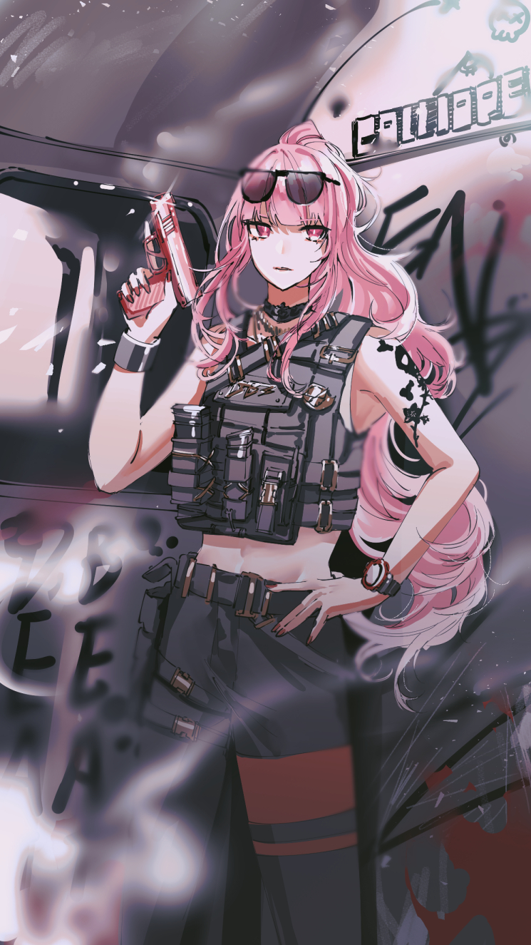 1girl bangs belt black_belt eyewear_on_head gun hand_on_hip handgun highres holding holding_gun holding_weapon hololive hololive_english long_hair looking_to_the_side mori_calliope navel pistol red_nails set7 solo sunglasses thigh_strap trigger_discipline vest virtual_youtuber watch watch weapon