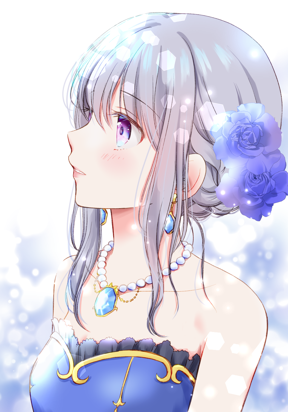 1girl bangs bare_shoulders blue_dress blush commentary_request dress earrings eyebrows_visible_through_hair flower grey_hair hair_flower hair_ornament highres jewelry looking_to_the_side necklace original parted_lips short_hair_with_long_locks sidelocks solo strapless strapless_dress tiramisu651 violet_eyes