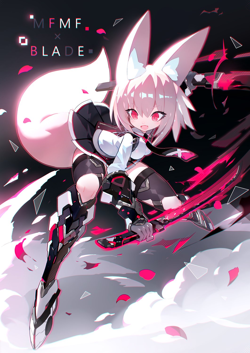1girl animal_ear_fluff animal_ears black_legwear breasts commentary_request dot_nose dual_wielding dust_cloud english_text eyebrows_visible_through_hair fang fox_ears fox_tail full_body glowing glowing_sword glowing_weapon highres holding holding_sword holding_weapon leaning_forward looking_ahead mamuru medium_hair miniskirt necktie open_mouth original petals pink_eyes pink_hair pleated_skirt pose sailor_collar science_fiction shiny shiny_hair skin_fang skirt small_breasts solo sword tail thigh-highs triangle weapon